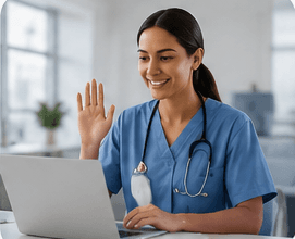 A healthcare worker waving during a video call