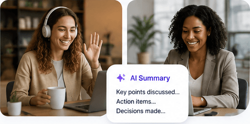 Two colleagues on a video call, with an AI-generated meeting summary shown alongside