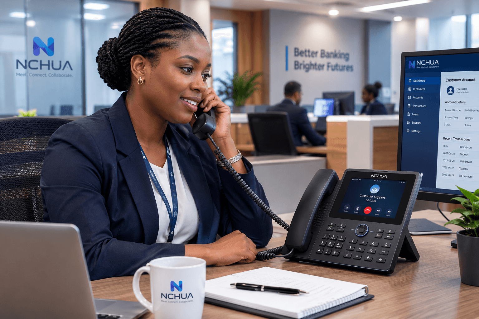 A concept render of NCHUA Phone in a bank-branch support desk setting