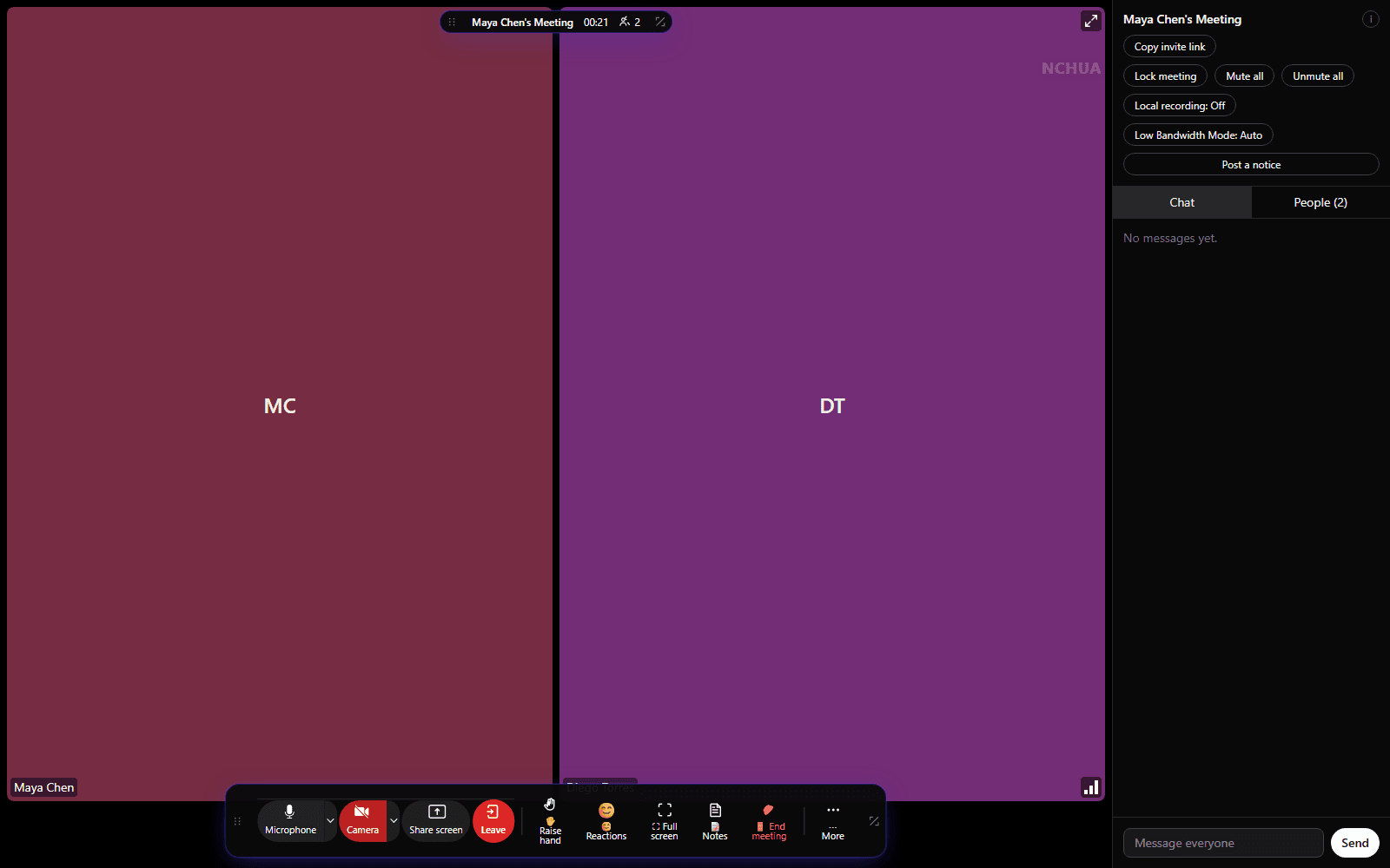 An NCHUA meeting in gallery view with six participants and the meeting toolbar visible