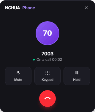 An active Nchua Phone call in progress, with mute, keypad, and hold controls
