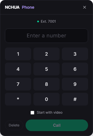 The Nchua Phone softphone dial pad, showing a registered extension ready to call